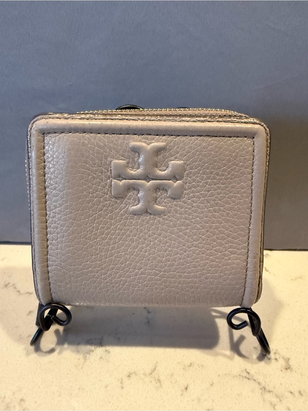 Tory Burch Pebbled Leather Compact Wallet in Light Taupe